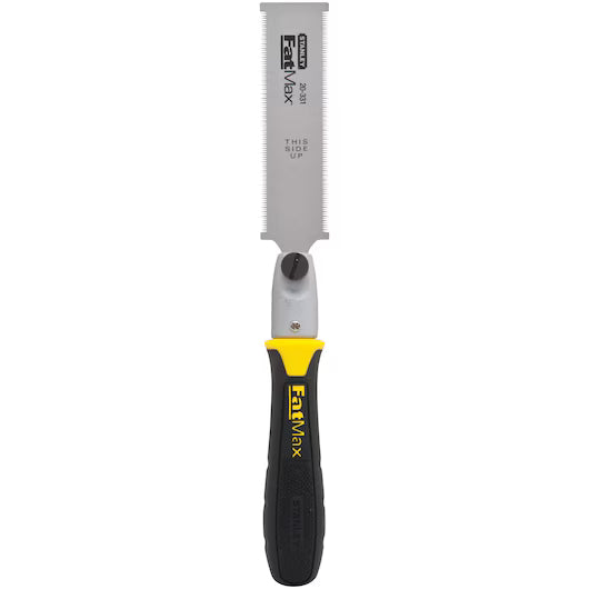 The STANLEY® FATMAX® Flush Cut Pull Saw by STANLEY features a black and yellow ergonomic handle, a straight silver blade with fine teeth, and THIS SIDE UP printed at the base—perfect for precise woodworking.